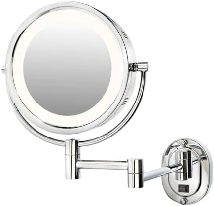 JERDON Wall-Mounted Chrome Makeup Mirror with LED Lighting and 5X Magnification