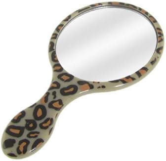 Plastic Handle Leopard Print Oval Cosmetic Mirror
