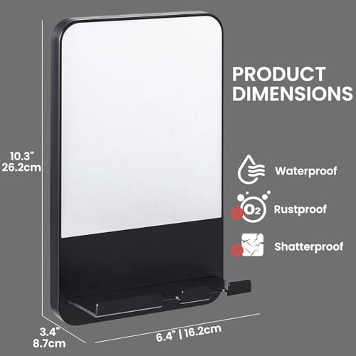 VELMADE Fog Free Shaving Mirror with Razor Holder No Drilling Black