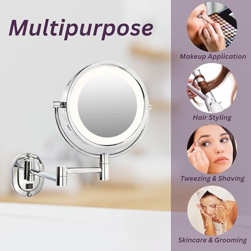 JERDON Wall-Mounted Chrome Makeup Mirror with LED Lighting and 5X Magnification
