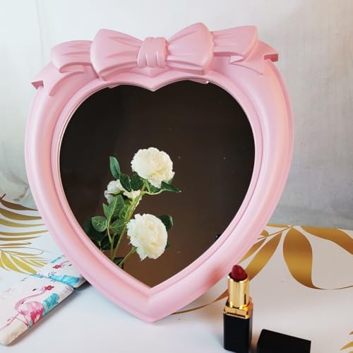 Heart Shaped Makeup Mirror with Bow Design Pink 1