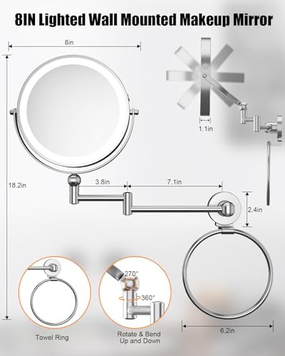 TOLOYE Adjustable Height LED Makeup Mirror with Towel Ring