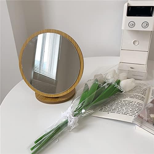 UUYYEO Round Compact Table Mirror with Wooden Frame