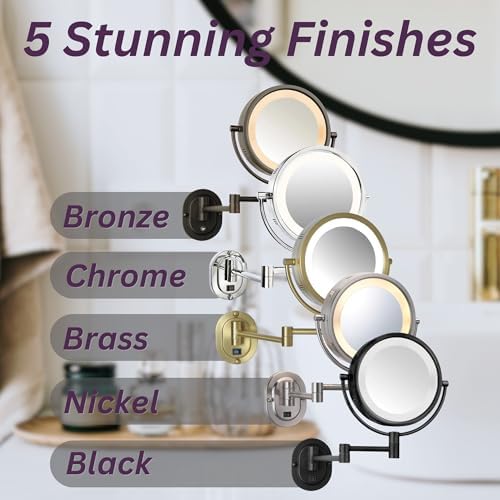 JERDON Wall-Mounted Chrome Makeup Mirror with LED Lighting and 5X Magnification