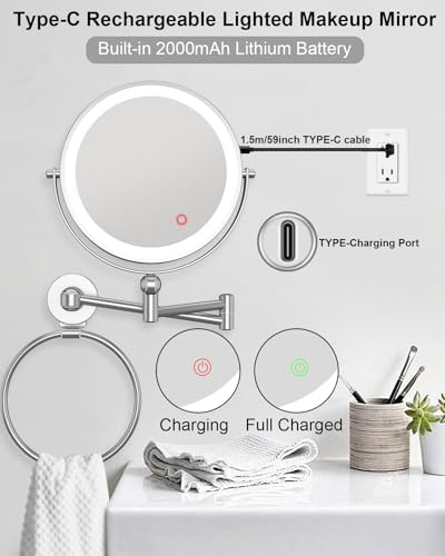 TOLOYE Adjustable Height LED Makeup Mirror with Towel Ring