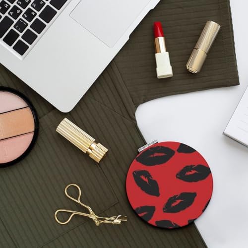 Red and Black Lips Compact Travel Mirror 2X Magnification