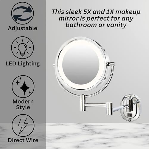 JERDON Wall-Mounted Chrome Makeup Mirror with LED Lighting and 5X Magnification