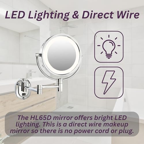 JERDON Wall-Mounted Chrome Makeup Mirror with LED Lighting and 5X Magnification