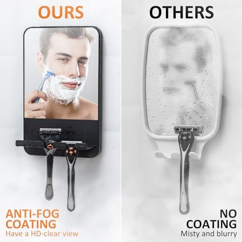 VELMADE Fog Free Shaving Mirror with Razor Holder No Drilling Black