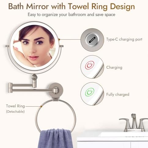 Rocollos Height Adjustable LED Makeup Mirror with Towel Ring