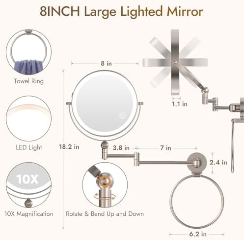 Rocollos Height Adjustable LED Makeup Mirror with Towel Ring
