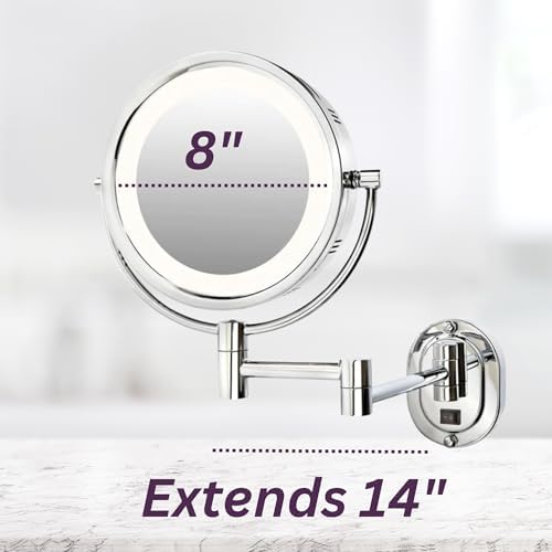 JERDON Wall-Mounted Chrome Makeup Mirror with LED Lighting and 5X Magnification