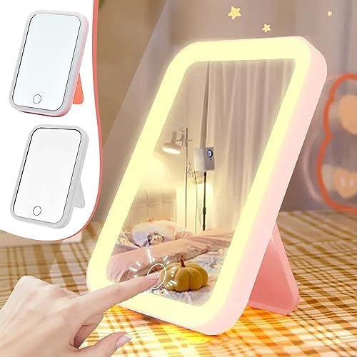 Modern Rectangular Framed White Plastic Vanity Mirror with Stand and LED Lights