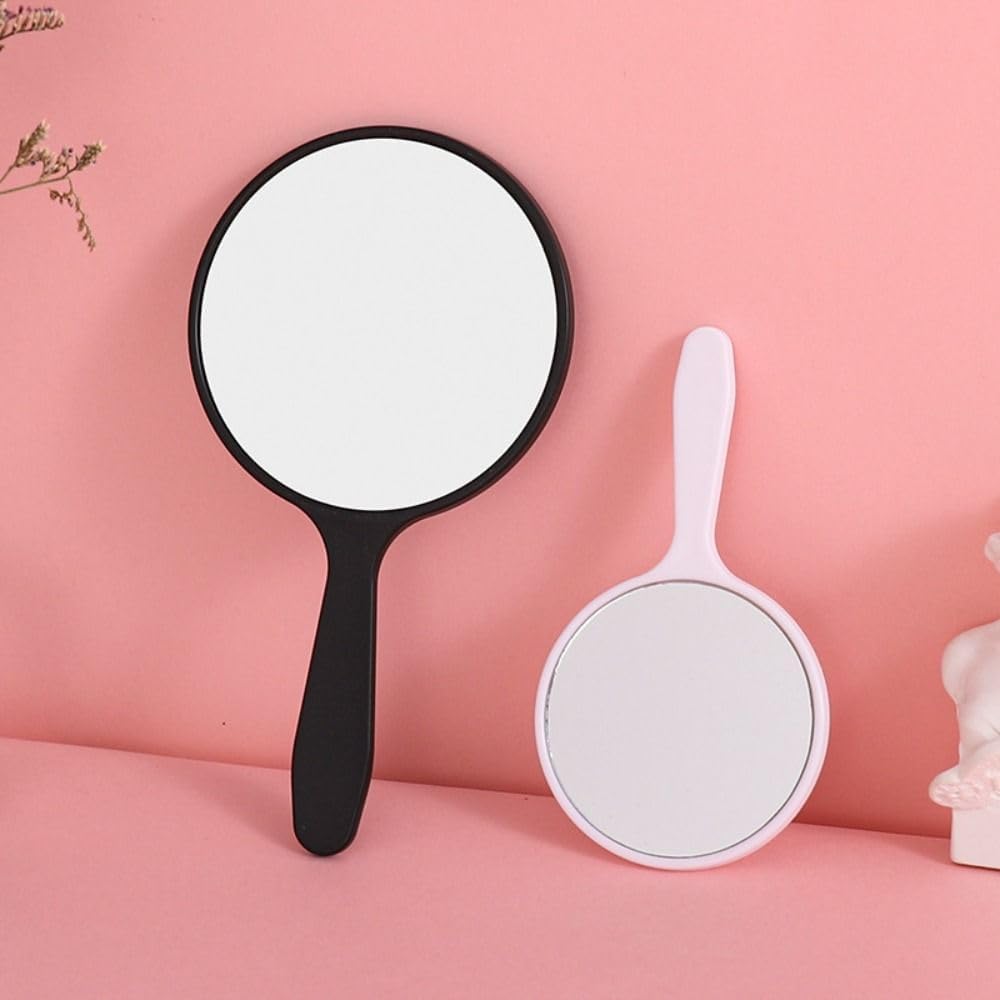 Portable Circular Makeup Mirror with Long Handle Black