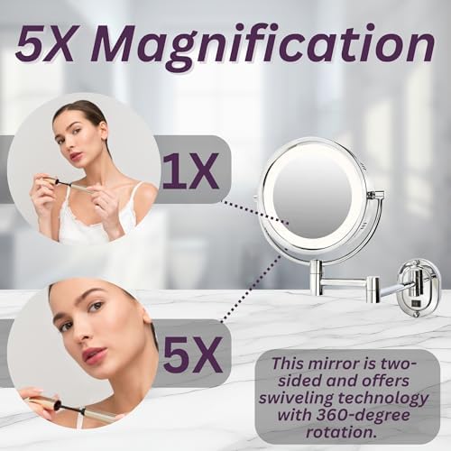 JERDON Wall-Mounted Chrome Makeup Mirror with LED Lighting and 5X Magnification