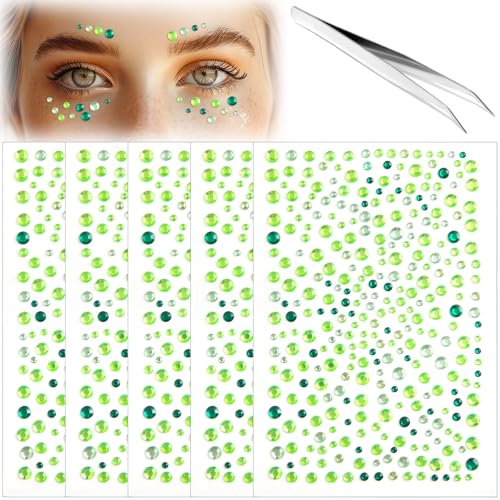 Alpinleux 5 Sheets Green Rhinestone Stickers for Face