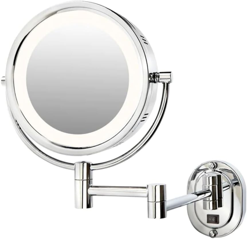 JERDON Wall-Mounted Chrome Makeup Mirror with LED Lighting and 5X Magnification