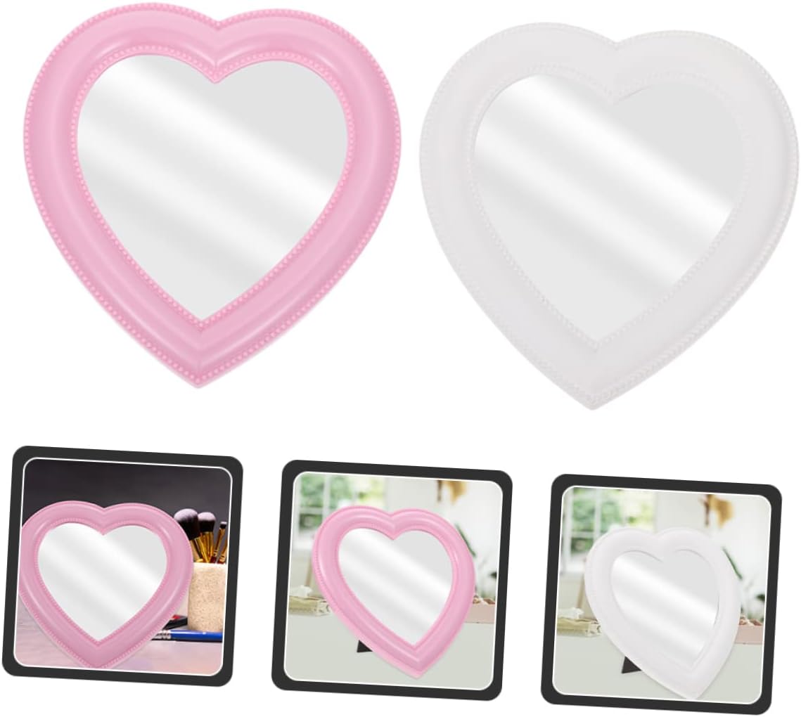 CRILSTYLEO Heart Shaped Makeup Mirror 2pcs Wall Mount Tabletop White Pink