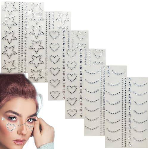 6 Pack Self Adhesive Heart Star Moon Face Rhinestone Stickers