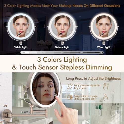 Rocollos Height Adjustable LED Makeup Mirror with Towel Ring