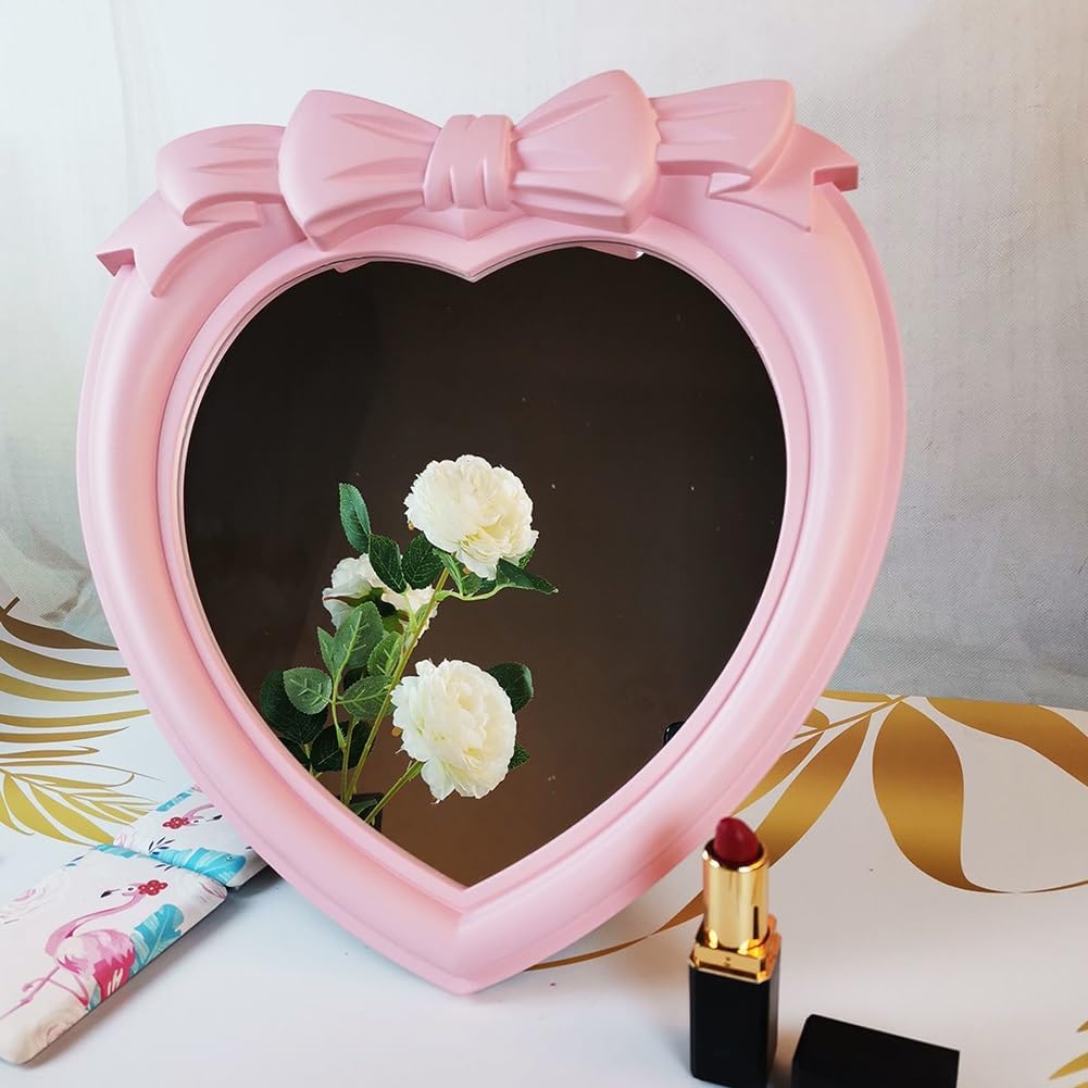 Heart Shaped Makeup Mirror with Bow Design Pink 1
