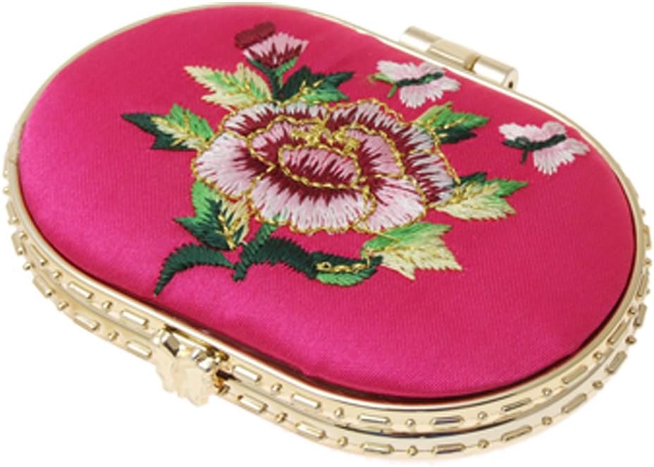Oval Magenta Butterfly Button Embroidered Makeup Mirror