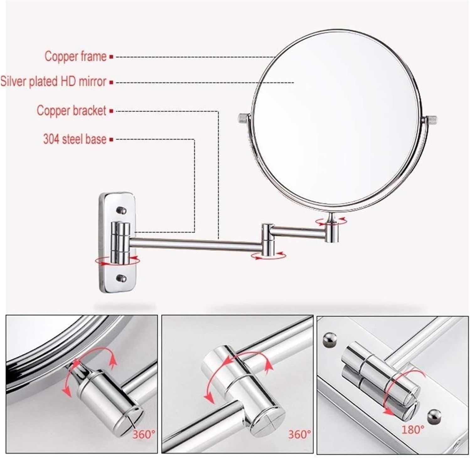 FUDGIO 8 Inch Adjustable Wall Mirror with 360 Rotation