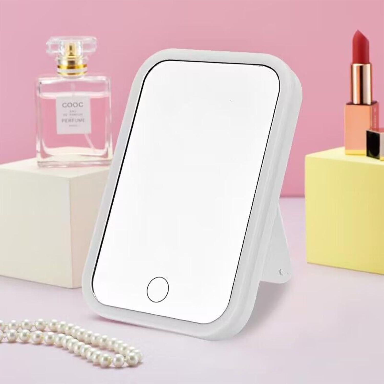 Modern Rectangular Framed White Plastic Vanity Mirror with Stand and LED Lights