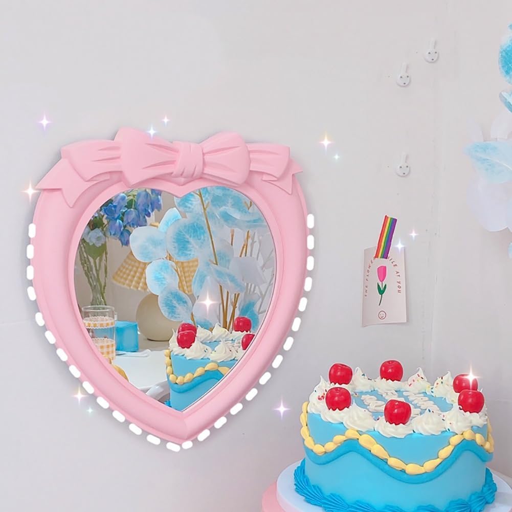 Heart Shaped Makeup Mirror with Bow Design Pink 1