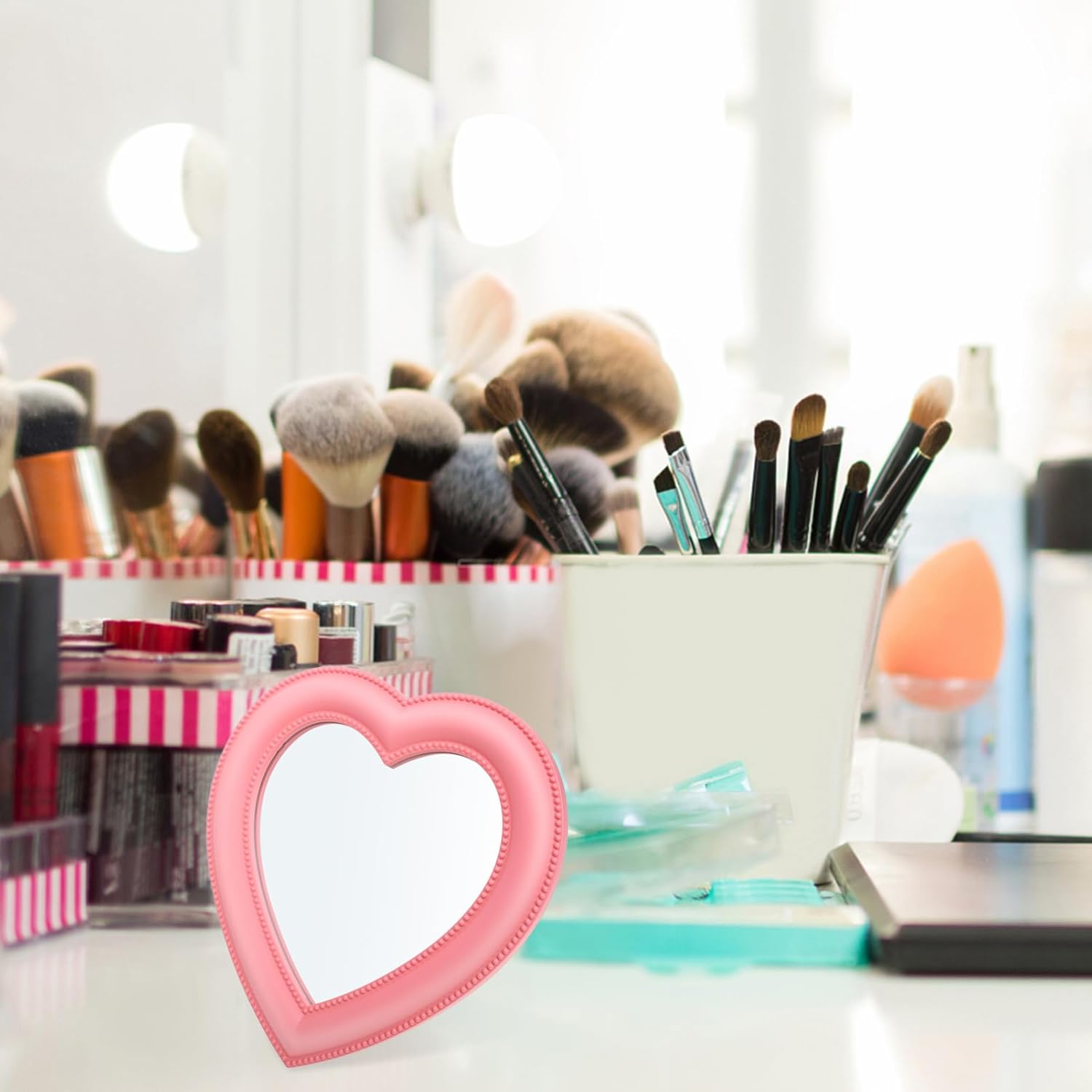 Wall-Mounted LED Pink Mirror Desktop Makeup Vanity