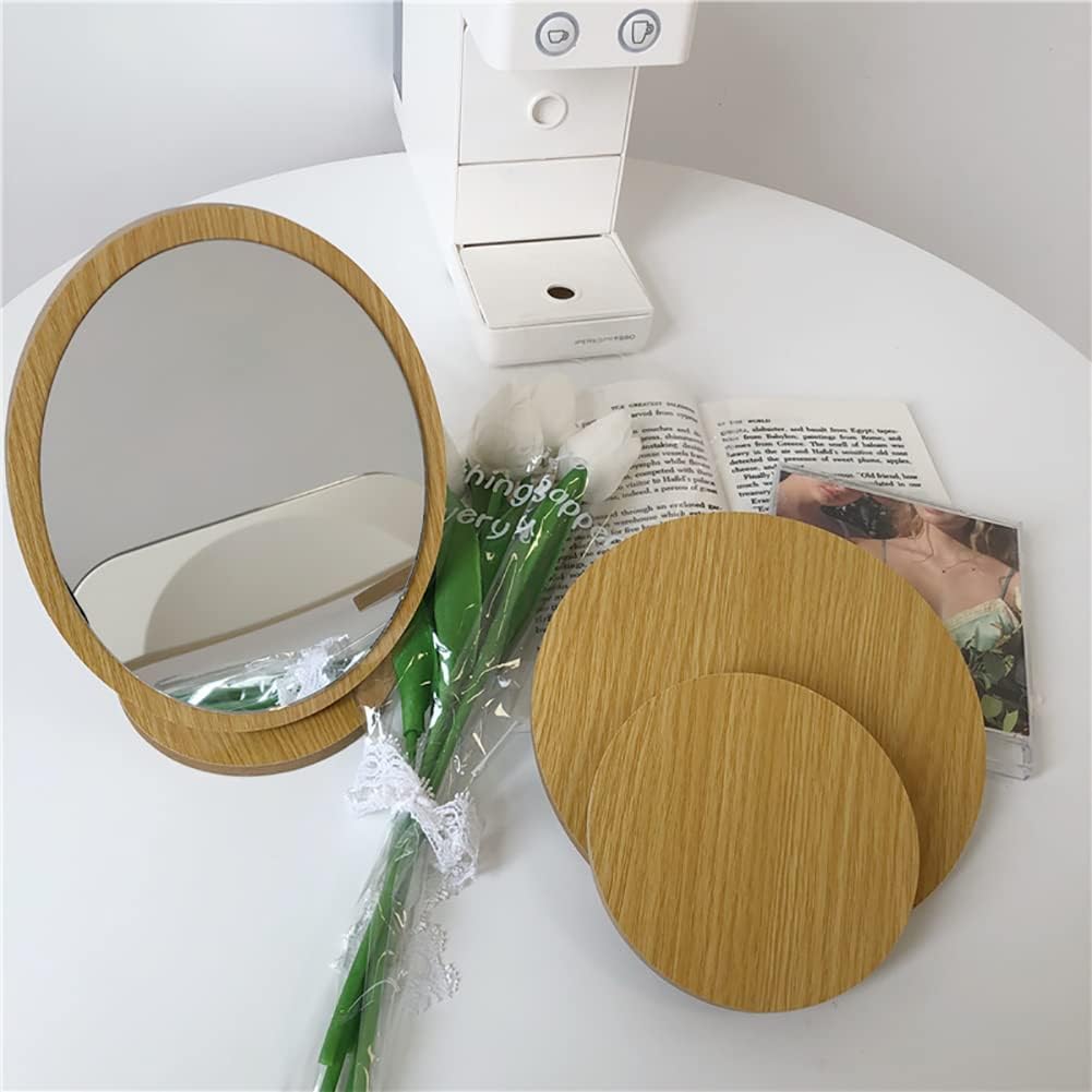 UUYYEO Round Compact Table Mirror with Wooden Frame
