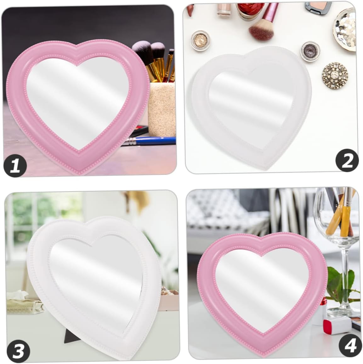 CRILSTYLEO Heart Shaped Makeup Mirror 2pcs Wall Mount Tabletop White Pink