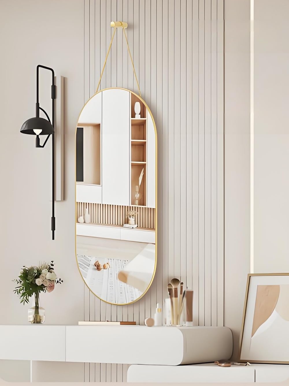 Full Body Door Mirror with Hanging Braided Rope Gold 92x159in