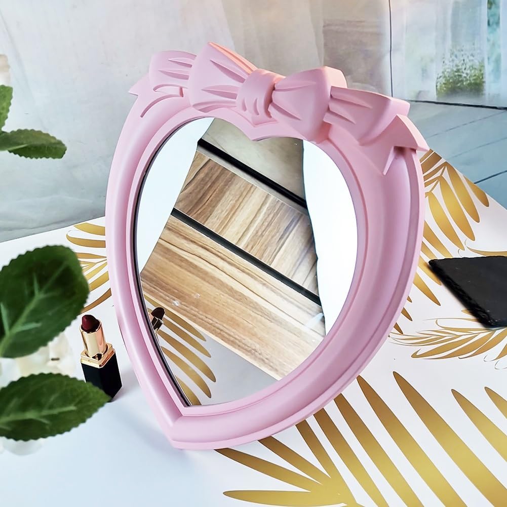 Heart Shaped Makeup Mirror with Bow Design Pink 1