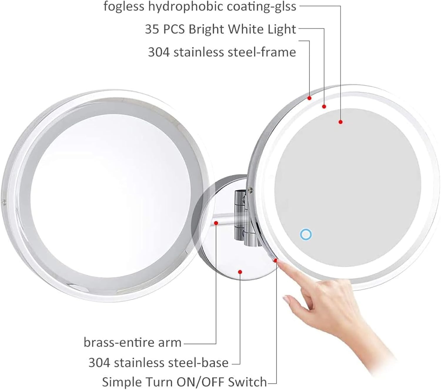 LED Vanity Mirror with Touch Sensor and Swivel Arm