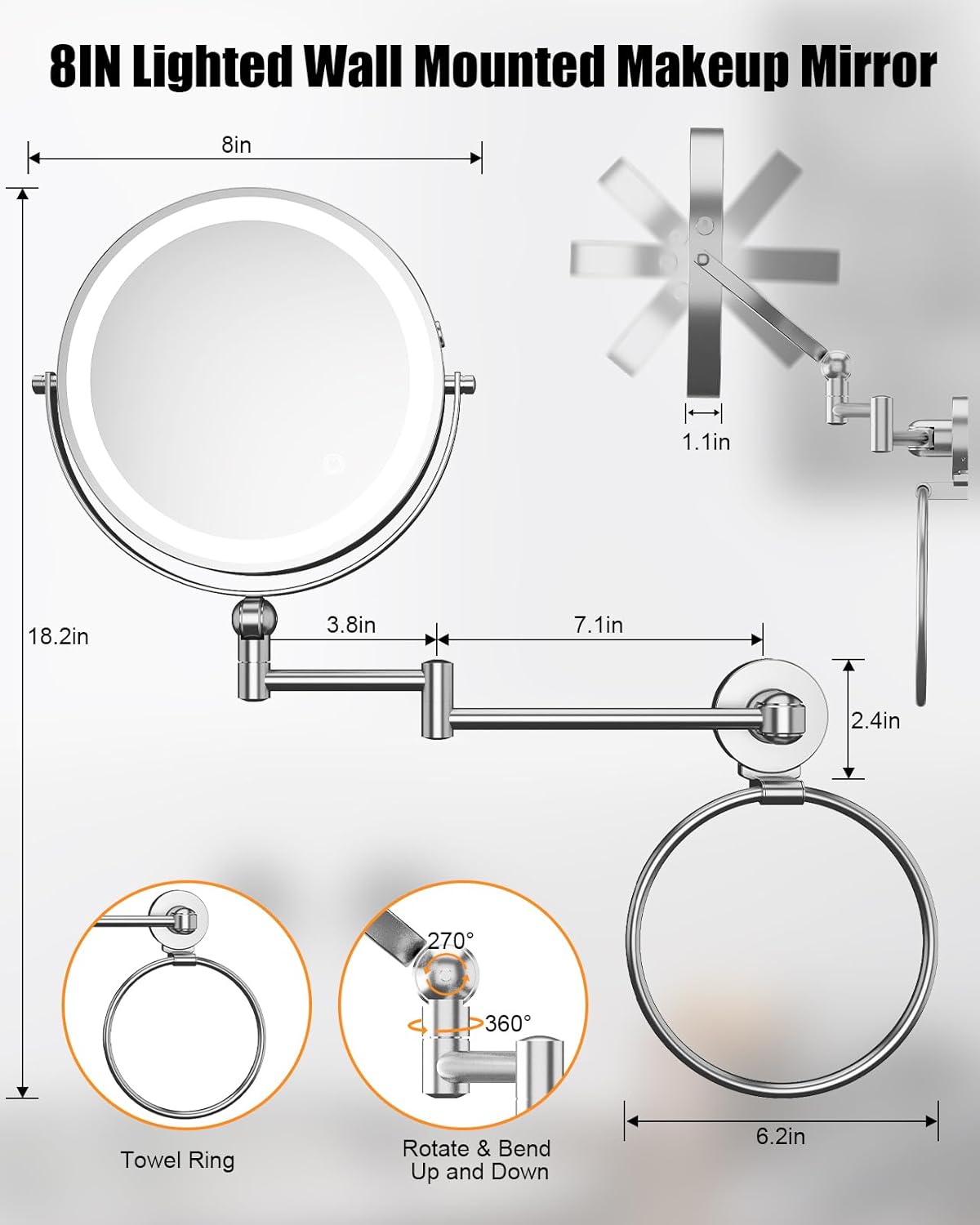 TOLOYE Adjustable Height LED Makeup Mirror with Towel Ring