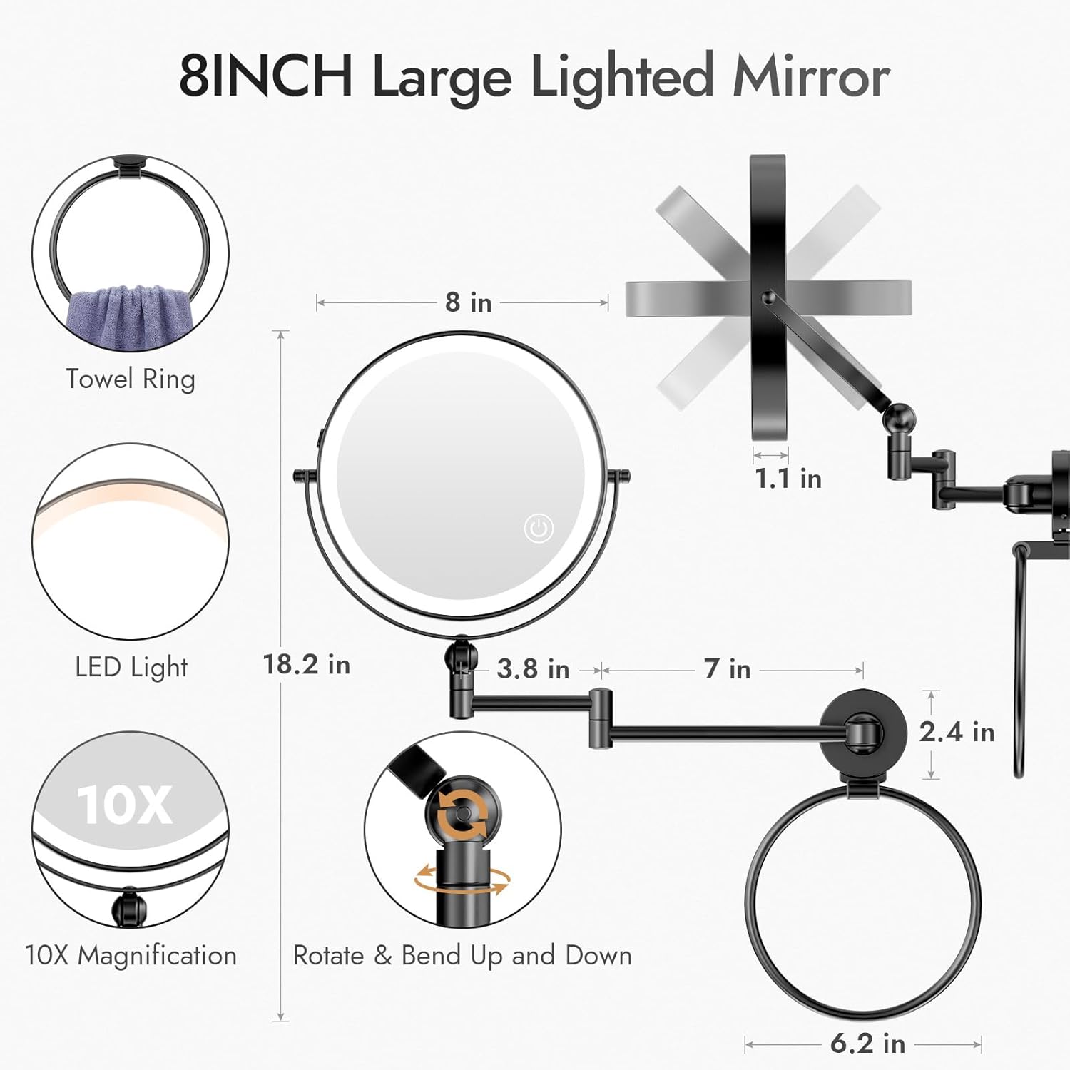 Rocollos Height Adjustable LED Makeup Mirror with Towel Ring 1