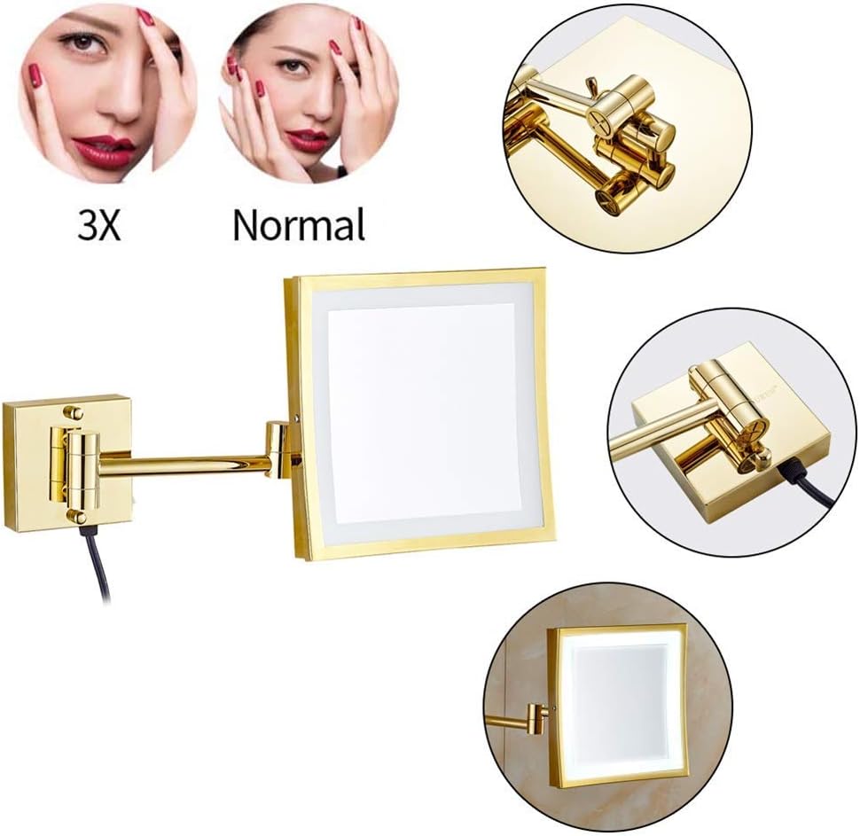 FUDGIO Wall Vanity Mirror 85 Inch Brass 3X Magnifying Lighted Foldable