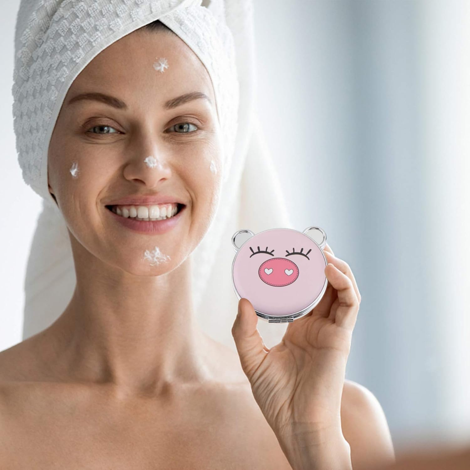 LIFKOME Foldable Double Sided Makeup Mirror with Cute Pig Design