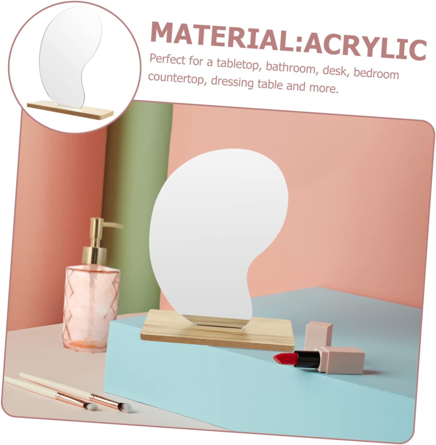Luxshiny Stylish Desktop Vanity Mirror with Wooden Stand Frameless Design
