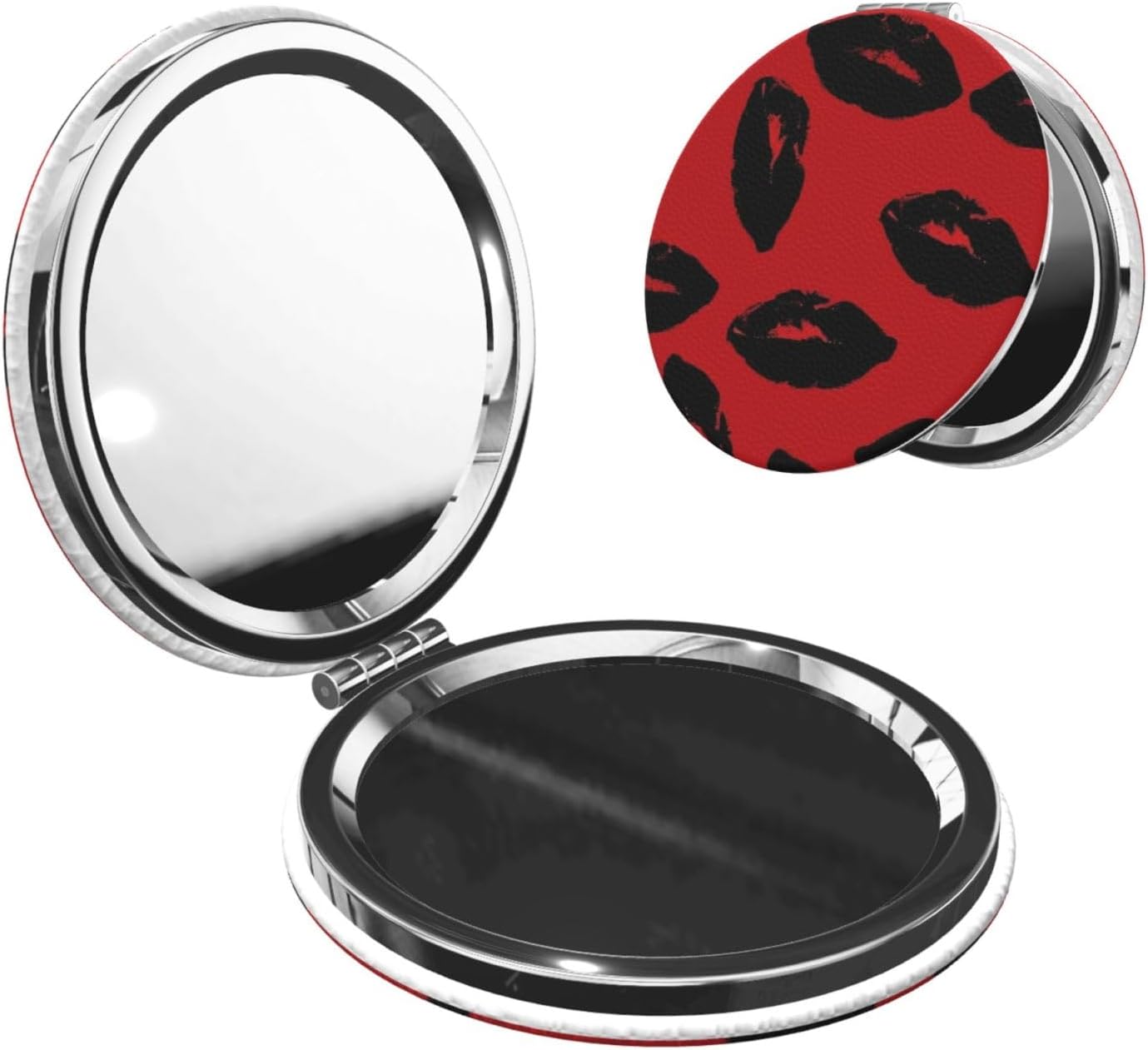 Red and Black Lips Compact Travel Mirror 2X Magnification