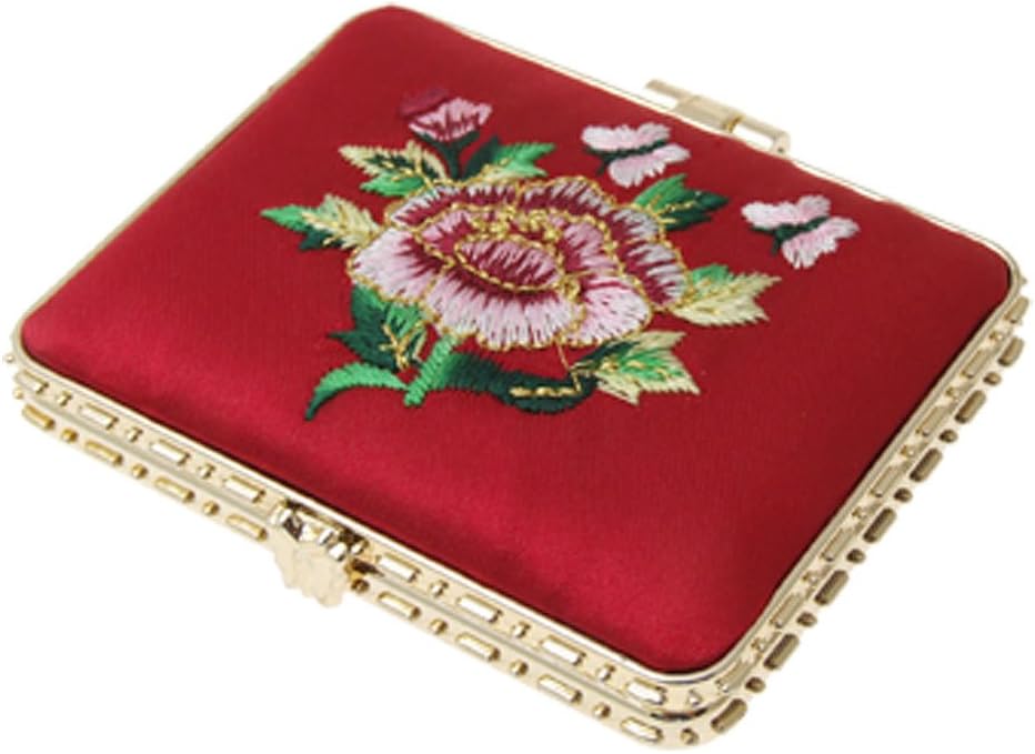 Elegant Wine Red Embroidered Flower Cosmetic Mirror
