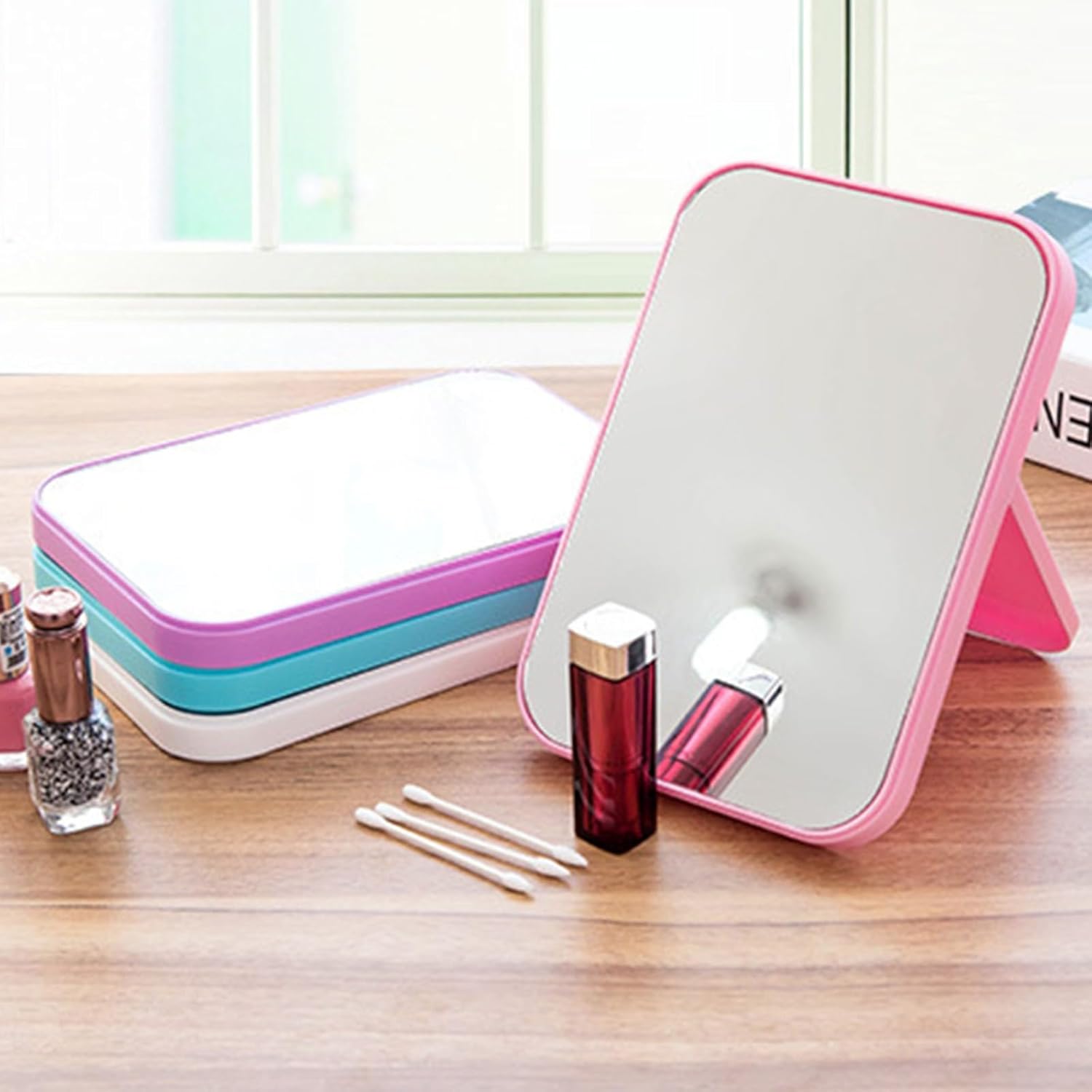 Portable Foldable Makeup Mirror with Pink Design
