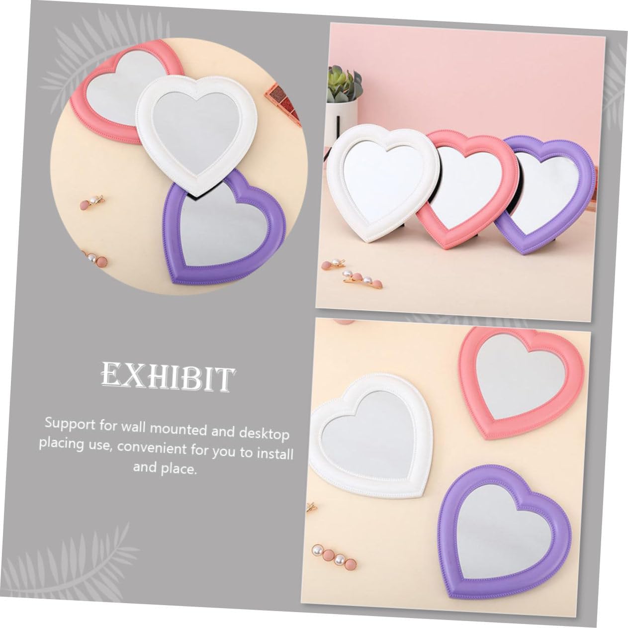 2Pcs Heart Shaped Makeup Mirror Wall Mounted Desktop Use