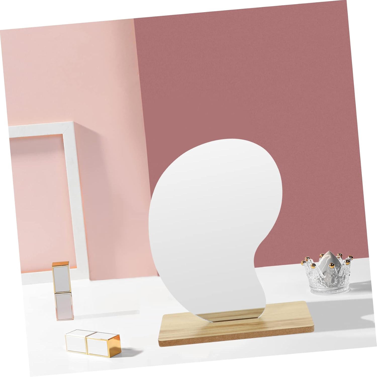 Healifty Wooden Base Desktop Cosmetic Mirror 1
