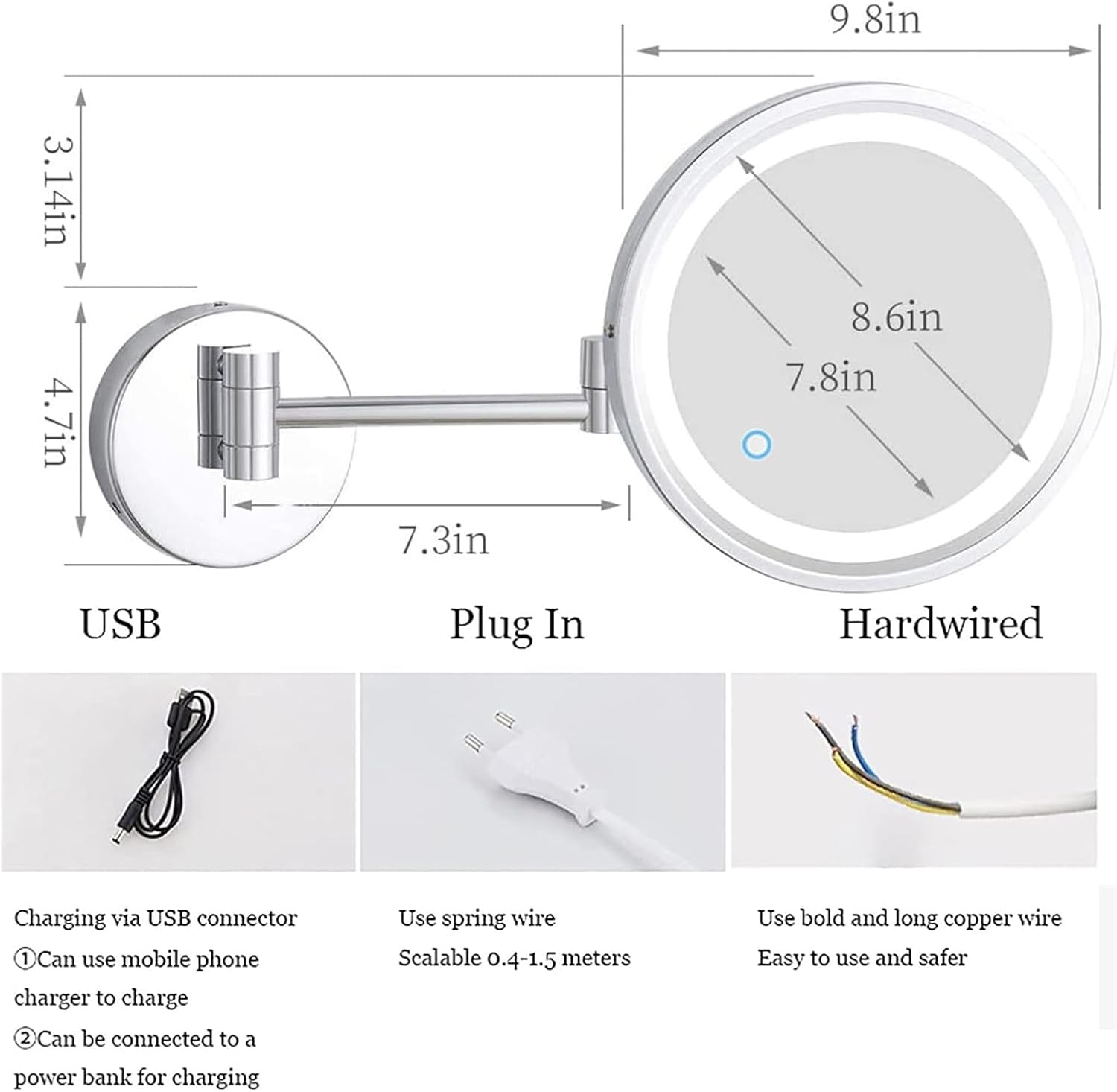 LED Vanity Mirror with Touch Sensor and Swivel Arm