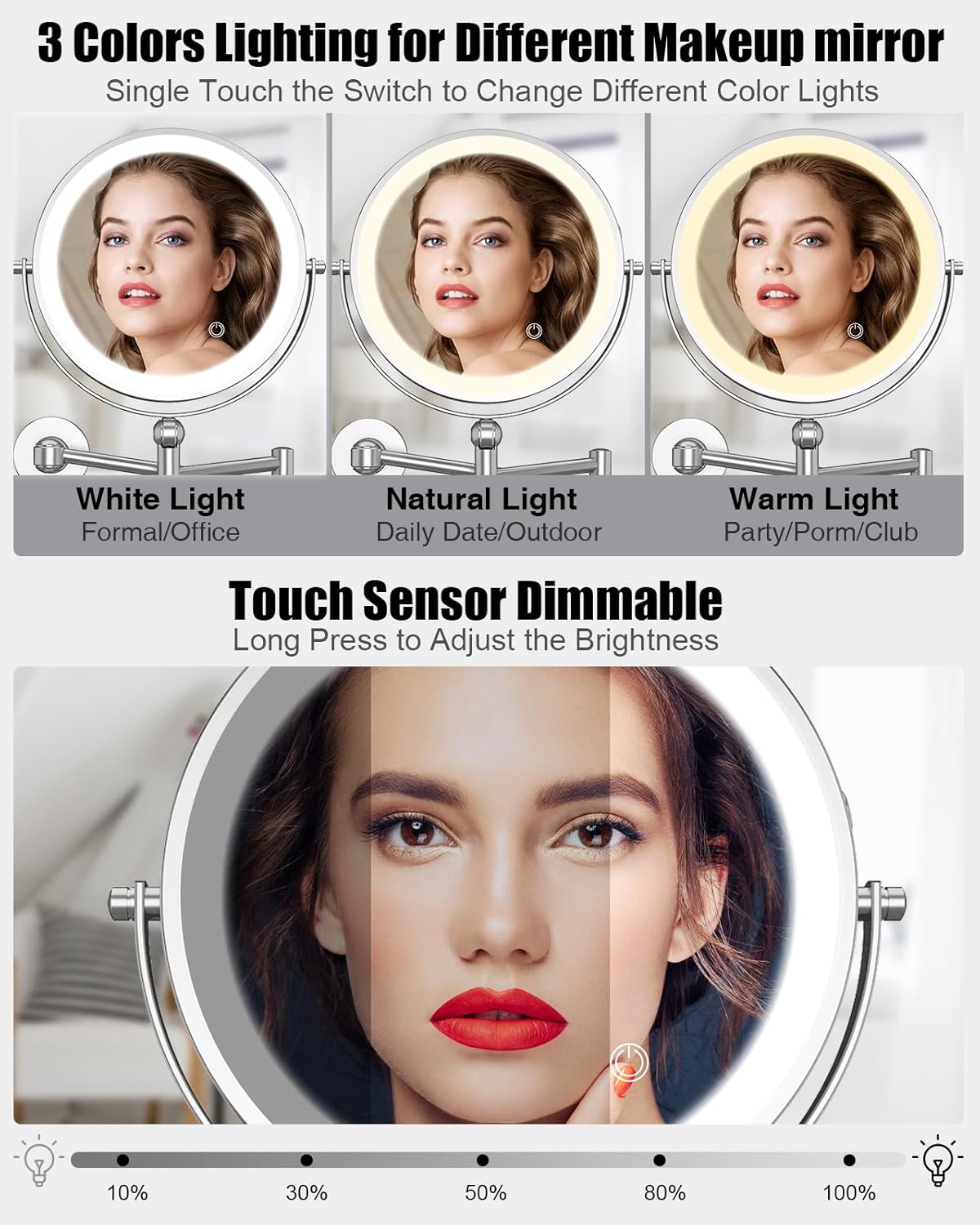 TOLOYE Adjustable Height LED Makeup Mirror with Towel Ring