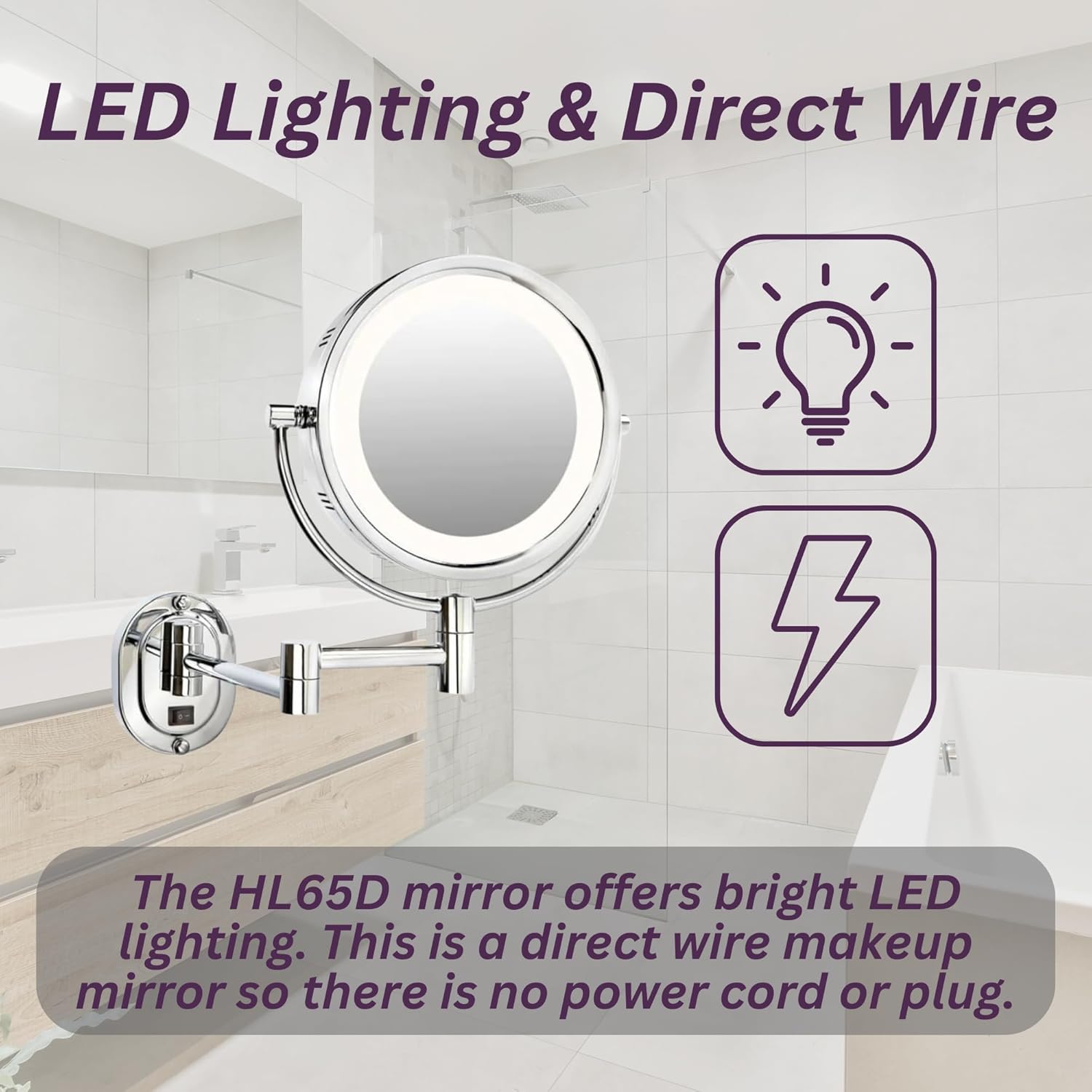 JERDON Wall-Mounted Chrome Makeup Mirror with LED Lighting and 5X Magnification