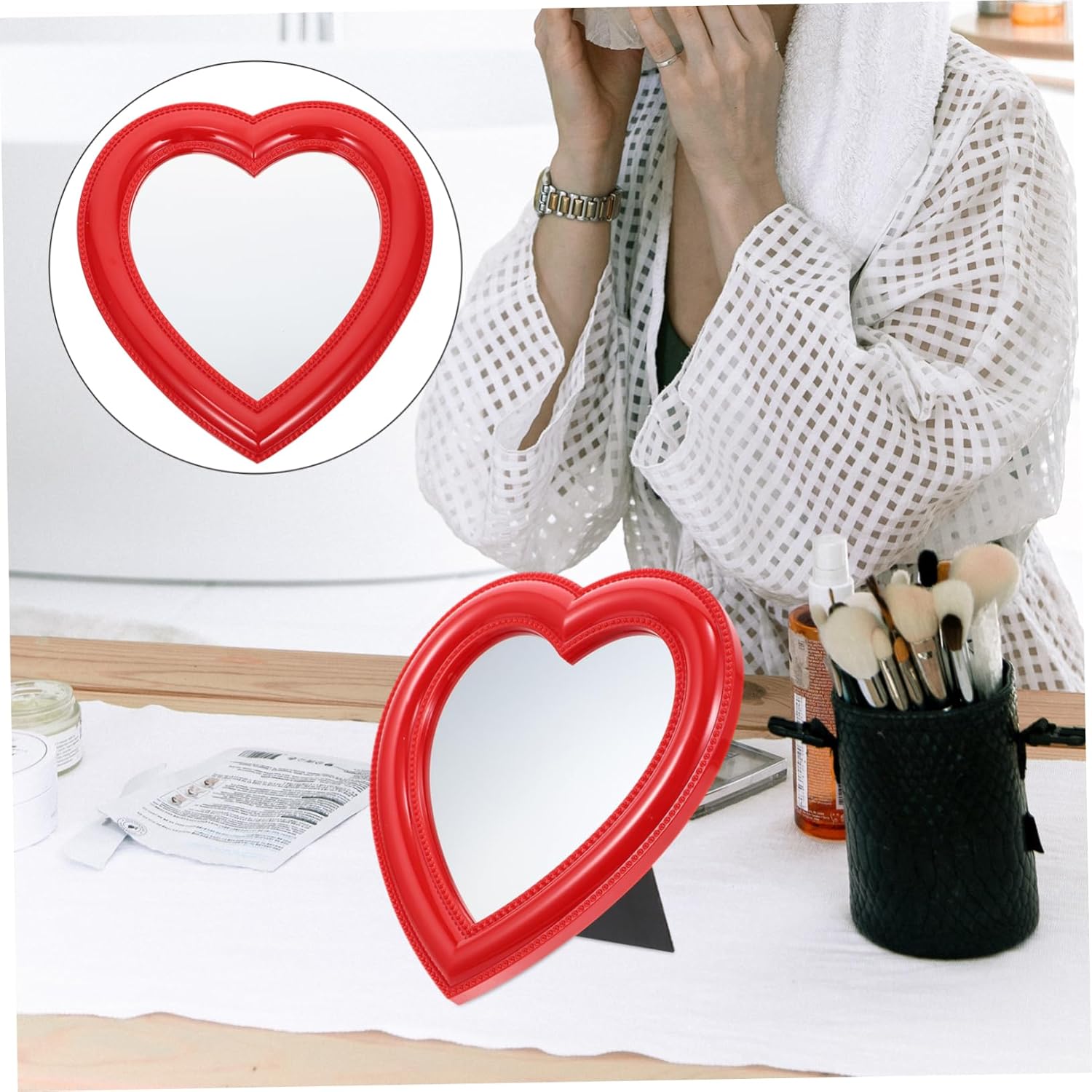 Heart Shaped Desktop Makeup Mirror with HD Clarity