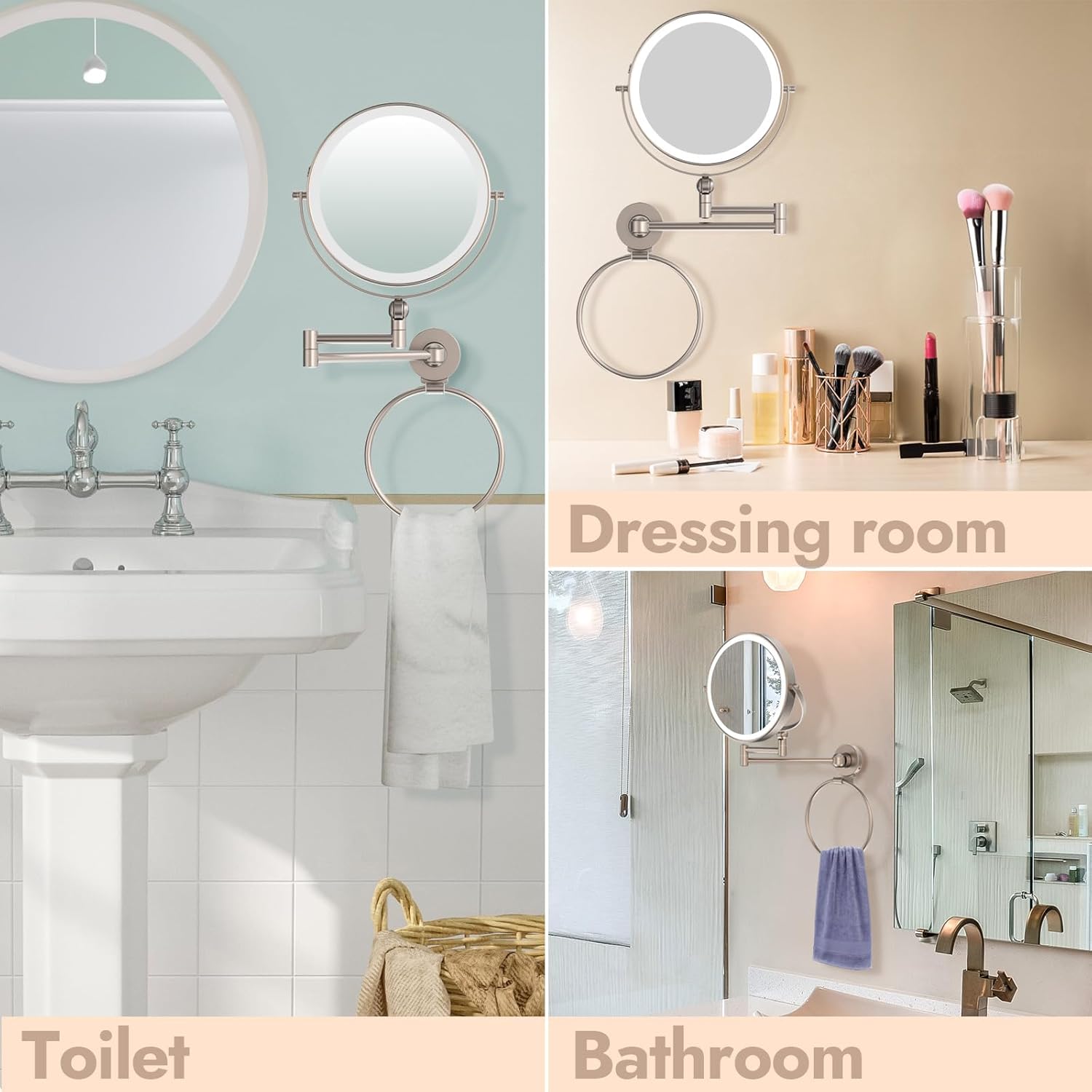 Rocollos Height Adjustable LED Makeup Mirror with Towel Ring